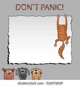 Scared cat climbs on a wall poster. And at the bottom waiting for three dogs. Conceptual background illustration. Vector hand drawn illustration.