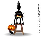 Scared Cat and Halloween Mouse with Pumpkin