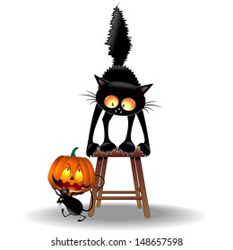 Scared Cat and Halloween Mouse with Pumpkin