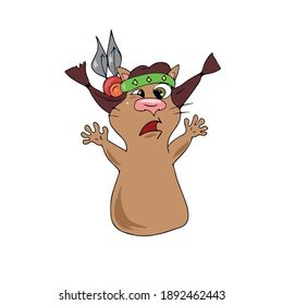 A scared cat Indian.Vector children's design on a white isolated background, for postcard banners.Sticker
