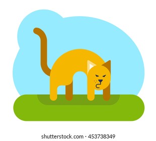 Scared cat is standing on a green grass. Flat design vector illustration.