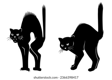 Schreckliche Katzen Silhouetten. Hexe ist schwarze Katze. Cartoon und realistische Versionen. Vektorclip-Kunst einzeln auf Weiß.