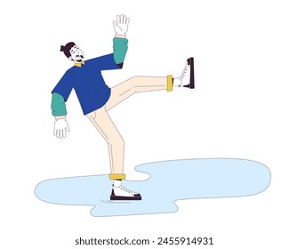 Scared caucasian man falling on wet floor 2D linear cartoon character. European male slipping on puddle isolated line vector person white background. Dangerous accident color flat spot illustration