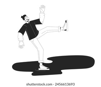 Scared caucasian man falling on wet floor black and white 2D line cartoon character. European male slipping on puddle isolated vector outline person. Accident monochromatic flat spot illustration