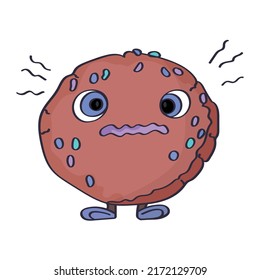 Scared character chocolate chip cookies isolate on white. Vector hand-drawn illustration. 