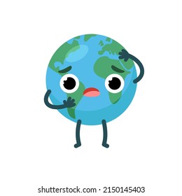 Scared character emotional planet earth. Environment day concept. Eco friendly, save ecology concept. World map globe face emoji