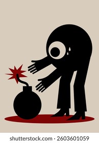 Scared character tries to defuse bomb. Creature with round body, big eye, human arms and legs. Flat vector illustration. Minimalist poster.