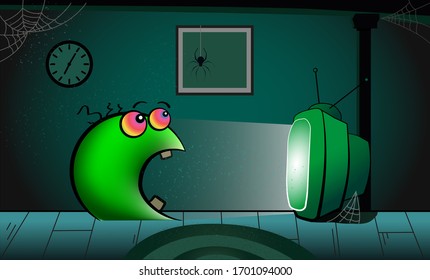Scared character watching tv vector illustration. Horror movie on screen. Home environment. Spider on a wall. Mesmerized eyes of a green monster. Dark room. Media brainwashing concept. 