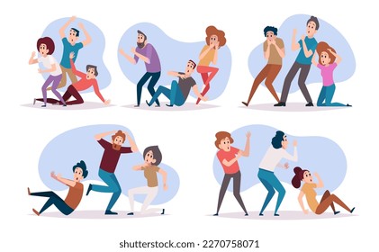 Scared characters. People standing in various poses survivors and scared people exact vector cartoon illustrations