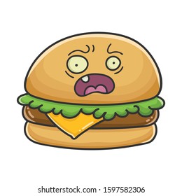 Scared cheese burger cartoon illustration isolated on white