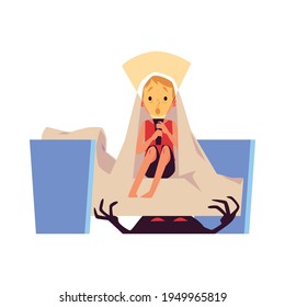 Scared child afraid of imaginary monster, flat vector illustration isolated.