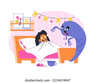 Scared child afraid of monster, flat cartoon vector illustration isolated on white background. Kids fear or phobia of monsters, horror dream or nightmare.