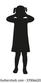 a scared child, covering with hands her ears, silhouette vector