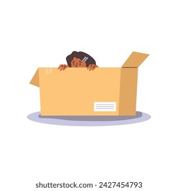 Scared child hiding inside in a cardboard box and peeping. Boy or girl playing hide and seek game vector illustration isolated. Cartoon kid character feels fear. Entertainment concealing activity