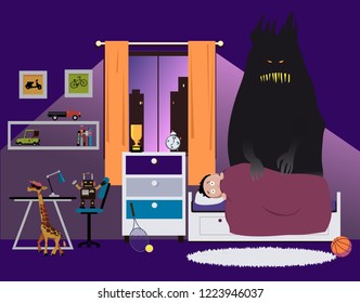 Scared child lying in bed at night, a monster standing next to him, representing nightmares or other psychological issues, EPS 8 vector illustration