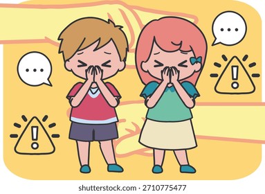 Lenguaje corporal de niños asustados con signos de peligro. Perfecto para materiales educativos, carteles de concienciación sobre seguridad, contenido de prevención del acoso, gráficos de expresión emocional y comunicación infantil.