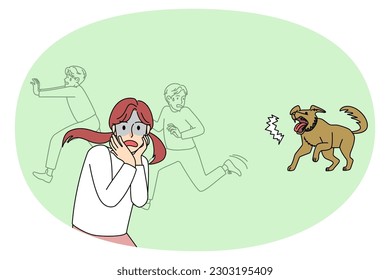 Scared children feel terrified run from barking dog on street. Frightened kids escape from angry pet in booth. Domestic animal and guard in house. Flat vector illustration.