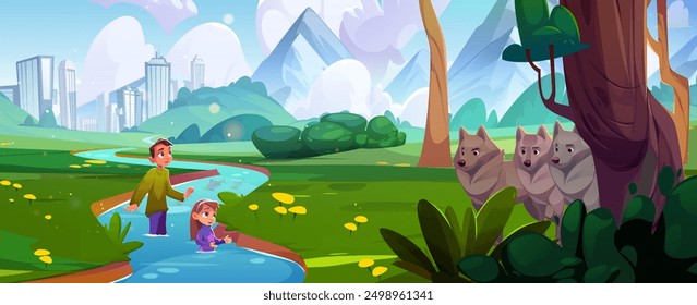 Scared children hiding in river from wolf. Vector cartoon illustration teen boy and little girl standing in water, wild animals in forest, modern cityscape and mountains background, summer adventure