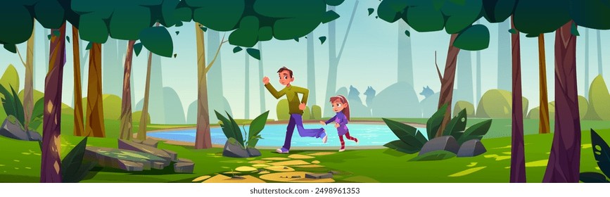 Scared children running from world in forest. Vector cartoon illustration teen boy and little girl escaping from danger, wild animal silhouettes behind trees, blue lake water in summer woodland