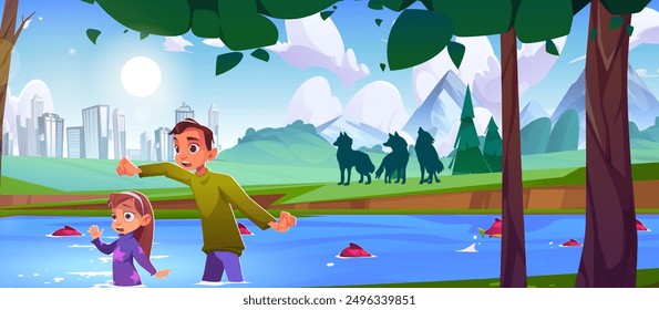 Scared children standing in river water near wild wolves. Cartoon vector illustration of teen boy and kid girl walk in forest or park outside city and encounter danger wild animals on summer day.