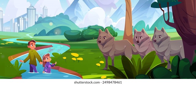 Scared children standing in river water near wild wolves. Cartoon vector illustration of teen boy and kid girl walk in forest or park outside city and encounter danger wild animals on summer day.