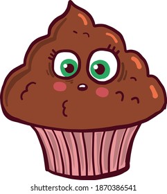 Scared chocolate cupcake, illustration, vector on white background.