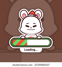 Scared Christmas Bunny Holding a Loading Bar, Cute Vector Sticker Design