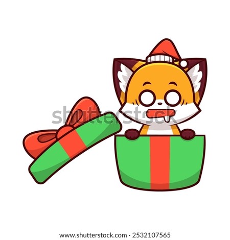 scared Christmas fox in gift box illustration vector