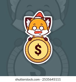 Scared Christmas Fox Holding Coin or Money Icon, Vector Sticker Design