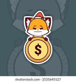 Scared Christmas Fox Holding Coin or Money Icon, Vector Sticker Design