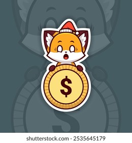 Scared Christmas Fox Holding Coin or Money Icon, Vector Sticker Design