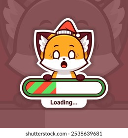Scared Christmas Fox Holding Loading Bar, Cute Vector Sticker Design, the holidays are coming soon