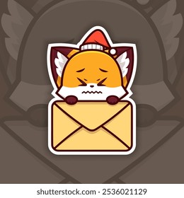 Scared Christmas Fox Holding Mail Icon, Vector Sticker Design