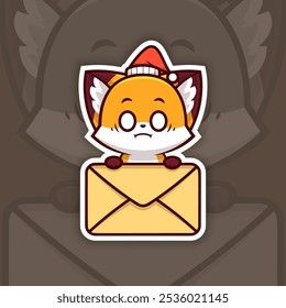 Scared Christmas Fox Holding Mail Icon, Vector Sticker Design