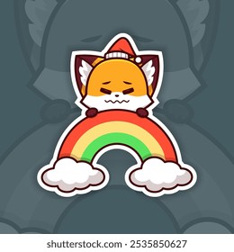 Scared Christmas Fox Holding Rainbow Icon, Vector Sticker Design