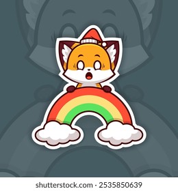 Scared Christmas Fox Holding Rainbow Icon, Vector Sticker Design