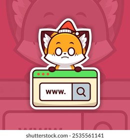 Scared Christmas Fox Holding a Web Search Icon Sticker Design Vector