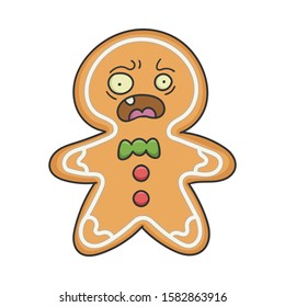 Scared Christmas holiday ginger bread cookie cartoon character isolated on white