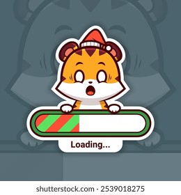 Scared Christmas Tiger Holding a Loading Bar, Cute Vector Sticker Design
