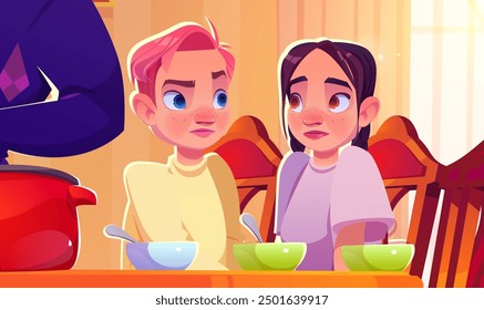 Scared and confused teen boy and girl sitting at wooden table with food in bowls and spoons in room interior. Cartoon vector illustration of afraid teenagers. Children with anxious expression.