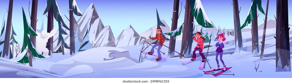 Scared and confused teen kids in ski outfit meet bigfoot in forest on snowy mountain. Cartoon vector illustration of white fur hairy sasquatch walking in woodland on hill. Winter hill landscape.