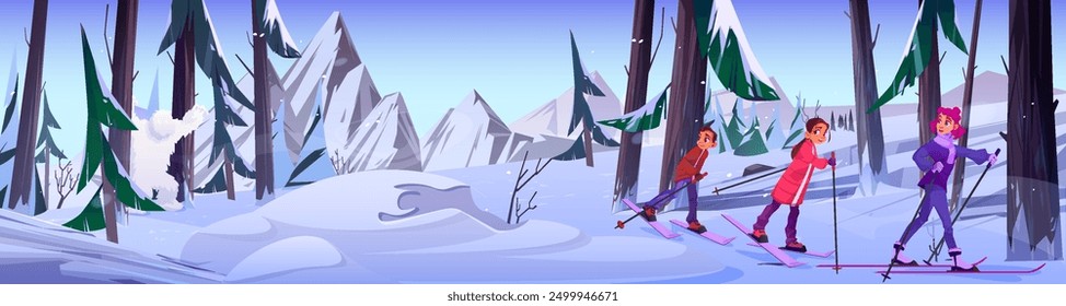 Scared and confused teen kids in ski outfit meet bigfoot in forest on snowy mountain. Cartoon vector illustration of white fur hairy sasquatch walking in woodland on hill. Winter hill landscape.