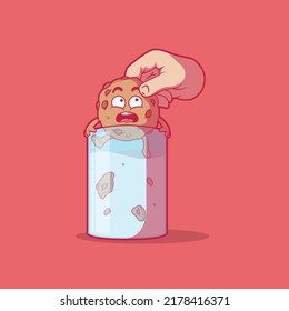 Scared Cookie in a glass of milk vector illustration. Food, funny, mascot design concept.