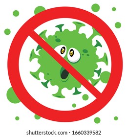 Scared Coronavirus (COVID-19) Cartoon Character of Pathogenic Bacteria In A Prohibited Symbol. Vector Illustration Isolated On White Background