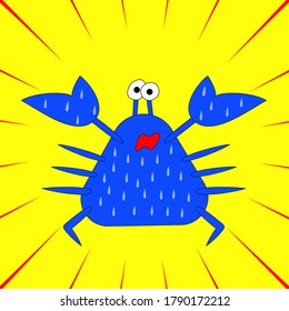 Scared crab with drops. Cartoon emotional sea animal. Vector illustration