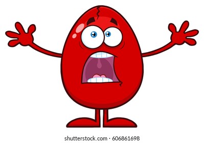 Scared Cracked Red Egg Cartoon Mascot Character With Open Arms. Vector Illustration Isolated On White Background