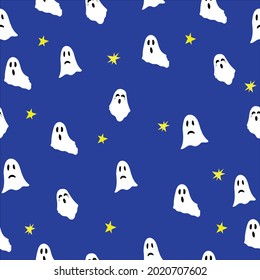 scared and crying ghosts on a blue background, simple pattern for printing on fabric, banners, Halloween background with white ghosts and stars on the night sky