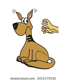 Scared cute big brown dog character looking back to a pair of hands trying to catching him from behind. Colorful cartoon style vector funny illustration isolated on white background.