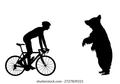 Ciclista asustado frente al oso de la pranza en la ilustración de la silueta del Vector de la carretera aislada. La bestia de peligro se ve niño asustado en bicicleta. Encuentro cercano entre hombre y animal en la vida silvestre. Hombre calmado y sobrio.