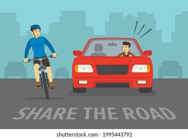 Scared cyclist turned his head and looking at red sedan car. Front view of cycling bike rider and agressive angry car driver. Share the lane warning design. Flat vector illustration template.